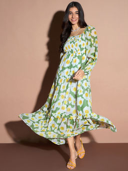 Kibo - Womens Green Floral Smocking Detail Maxi Dress