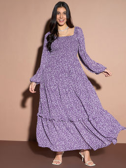 Kibo - Womens Purple Floral Smocking Detail Maxi Dress