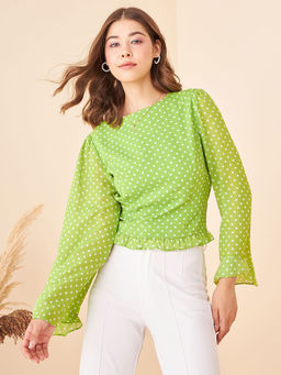 Kibo - Womens Green Polka Dot Flared Sleeve Top