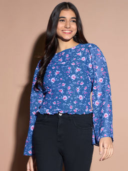 Kibo - Womens Blue Floral Flared Sleeve Top