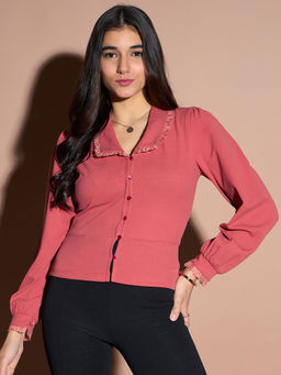 Kibo - Womens Dusty Pink Organza Frill Collared Shirt