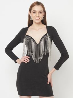 IKI CHIC - Black Sweetheart Tassle Neckline Bodycon Mini Dress
