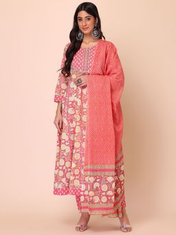 Indya - Dusty Pink Floral Print Cotton Anarkali Kurta With Pants And Printed Dupatta (Set of 3)