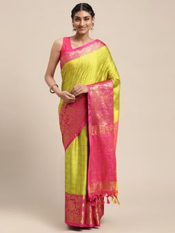 Vastranand - Lime Green & Pink Woven Design Banarasi Saree with Unstitched Blouse