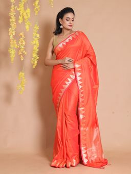 CHARUKRITI - Orange Silk Handwoven Zari Temple Borders & Chevron Pallu Saree with Unstitched Blouse