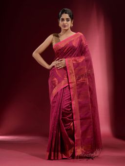 CHARUKRITI - Taffy Pink with Zari Paisley Motif and Floral Design Saree with Unstitched Blouse