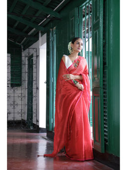 APAAPI THREADS OF GLORY - Red Tissue Mul Saree Without Blouse