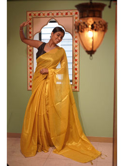 APAAPI THREADS OF GLORY - Mustard Tissue Mul Saree Without Blouse
