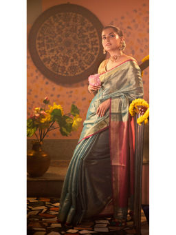 APAAPI THREADS OF GLORY - Green and Pink Double Chrome Tissue Linen Saree with Unstitched Blouse
