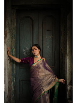 APAAPI THREADS OF GLORY - Purple and Green Double Chrome Tissue Linen Saree with Unstitched Blouse