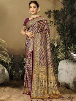 Sangam Prints - Purple Satin Silk Woven Work Festival Saree with Unstitched Blouse