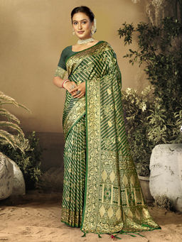 Sangam Prints - Green Satin Silk Woven Work Festival Saree with Unstitched Blouse