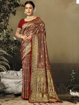 Sangam Prints - Maroon Satin Silk Woven Work Festival Saree with Unstitched Blouse