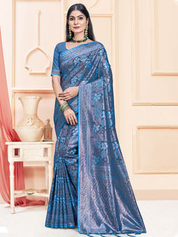 Sangam Prints - Blue Satin Silk Woven Work Festival Saree with Unstitched Blouse