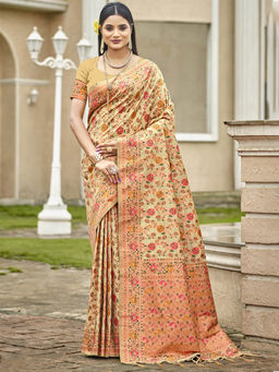 Sangam Prints - Beige Silk Woven Work Festival Saree with Unstitched Blouse