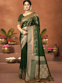 Sangam Prints - Green Satin Silk Woven Work Festival Saree with Unstitched Blouse