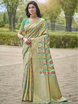 Sangam Prints - Turquoise Organza Woven Work Festival Saree with Unstitched Blouse