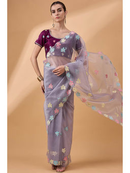Mysilklove - Glossy Grape Purple Net Partywear Saree with Unstitched Blouse
