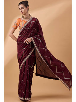 Mysilklove - Cowboy Maroon Chinon Partywear Saree with Unstitched Blouse