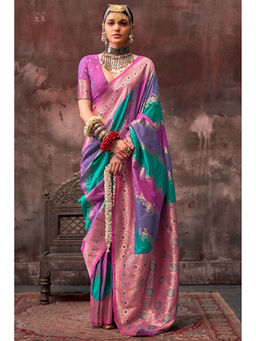 Mysilklove - Lochinvar Green and Purple Rangkaat Handloom Banarasi Saree with Unstitched Blouse