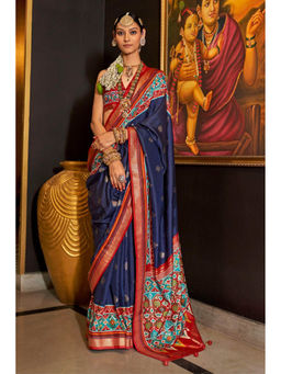 Mysilklove - Mirage Navy Blue Printed Patola Saree with Unstitched Blouse