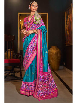 Mysilklove - Mosque Blue Printed Patola Saree with Unstitched Blouse
