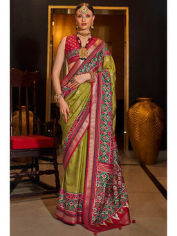 Mysilklove - Metallic Sunburst Olive Printed Patola Saree with Unstitched Blouse