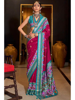 Mysilklove - Jazz Berry Wine Printed Patola Saree with Unstitched Blouse
