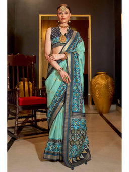 Mysilklove - Monte Carlo Blue Printed Patola Saree with Unstitched Blouse