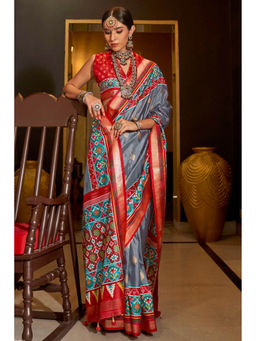 Mysilklove - Manatee Grey Printed Patola Saree with Unstitched Blouse