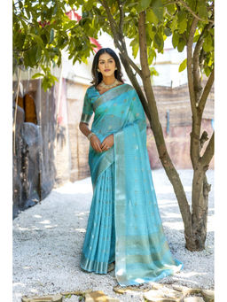 Mysilklove - Sea Serpent Blue Cotton Saree with Unstitched Blouse