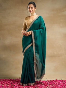 Kasee - Women Teal Embroidered Saree with Unstitched Blouse