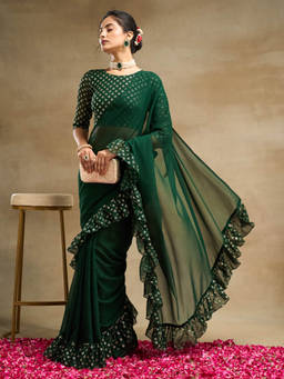 Kasee - Women Green Printed Saree with Unstitched Blouse