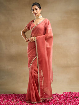 Kasee - Women Peach Solid Saree with Unstitched Blouse