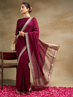 Kasee - Women Wine Zari Embroidered Saree with Unstitched Blouse