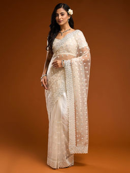 Kasee - Women Cream Embroidered Saree with Unstitched Blouse