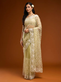 Kasee - Women Pista Green Embroidered Saree with Unstitched Blouse