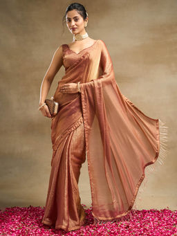 Kasee - Women Rust Solid Saree with Unstitched Blouse