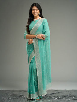 Kasee - Women Blue Embroidered Saree with Unstitched Blouse