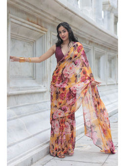 Zari Jaipur - Yellow Floral Printed Saree with Unstitched Blouse