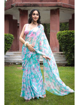 Zari Jaipur - Blue Floral Printed Saree with Unstitched Blouse