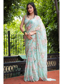 Zari Jaipur - Sea Green Floral Printed Saree with Unstitched Blouse
