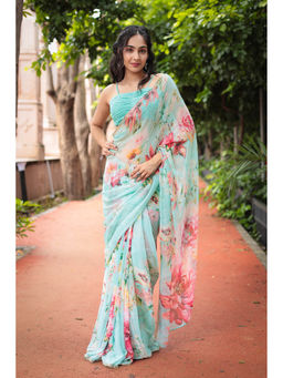 Zari Jaipur - Turquoise Floral Printed Saree with Unstitched Blouse