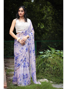 Zari Jaipur - Purple Floral Printed Saree with Unstitched Blouse