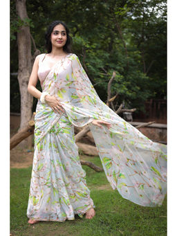 Zari Jaipur - Grey Floral Printed Saree with Unstitched Blouse