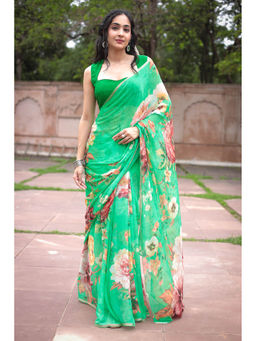 Zari Jaipur - Green Floral Printed Saree with Unstitched Blouse
