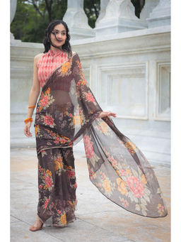 Zari Jaipur - Brown Floral Printed Saree with Unstitched Blouse