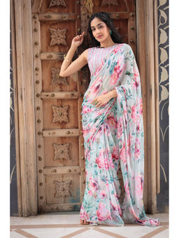 Zari Jaipur - Blue Floral Printed Saree with Unstitched Blouse