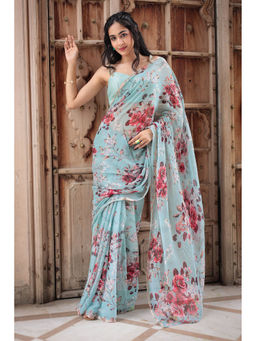 Zari Jaipur - Blue Floral Printed Saree with Unstitched Blouse