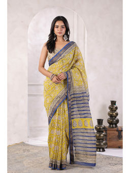 Geroo Jaipur - Yellow Hand Block Printed Floral Chanderi Saree with Unstitched Blouse